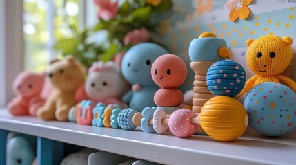Fototapeta premium Colorful collection of cute toys arranged on a shelf.