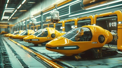 Fototapeta premium Futuristic Yellow Vehicles on Conveyor Belt in Sci Fi Factory