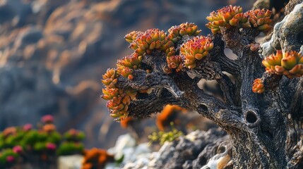 Close-up of Socotra endemic flora, featuring the unique shapes and colors of the island's diverse plant life in its natural habitat. No people included.