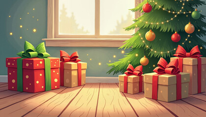 Cozy Christmas Scene with Decorated Tree and Presents Against Window Background