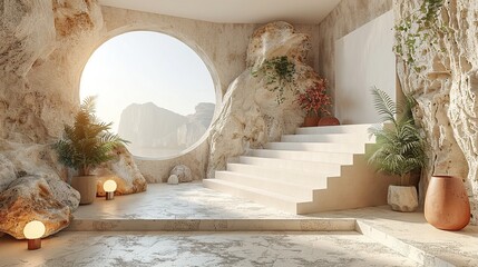 A serene interior space featuring natural rock formations and plants.