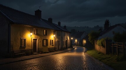 Countryside village at night as rain about to fall