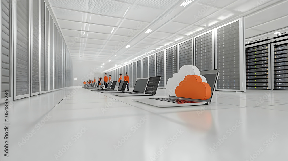 Aufkleber 3d team deploying cloud applications | candid capture of teamwork in server room | laptops, servers,