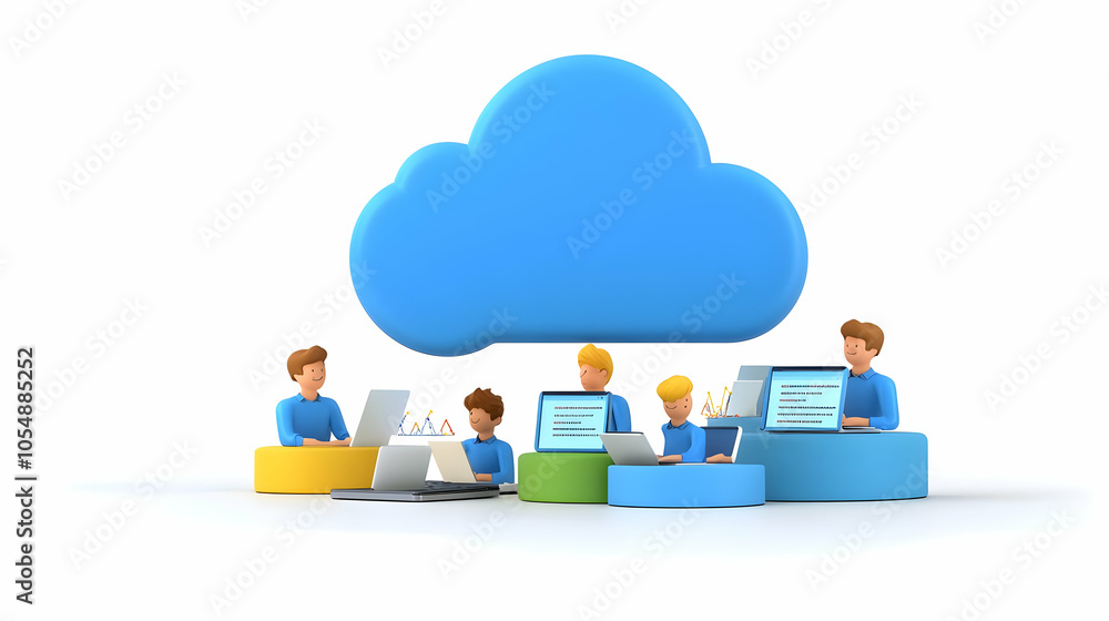 Poster 3d team integrating cloud services concept, focused office environment, laptops with code and diagra