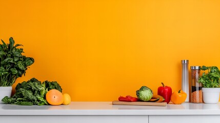 Fresh produce and spices on a white countertop against a bright yellow wall.