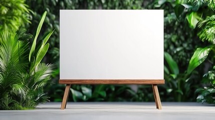 Fototapeta premium A blank easel stands amidst lush green plants, offering a versatile space for creative expression and visual presentations.