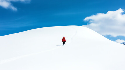 A solitary hiker in a red jacket walking on a snowy hill under a bright blue sky with fluffy clouds, showcasing the beauty of winter landscapes.