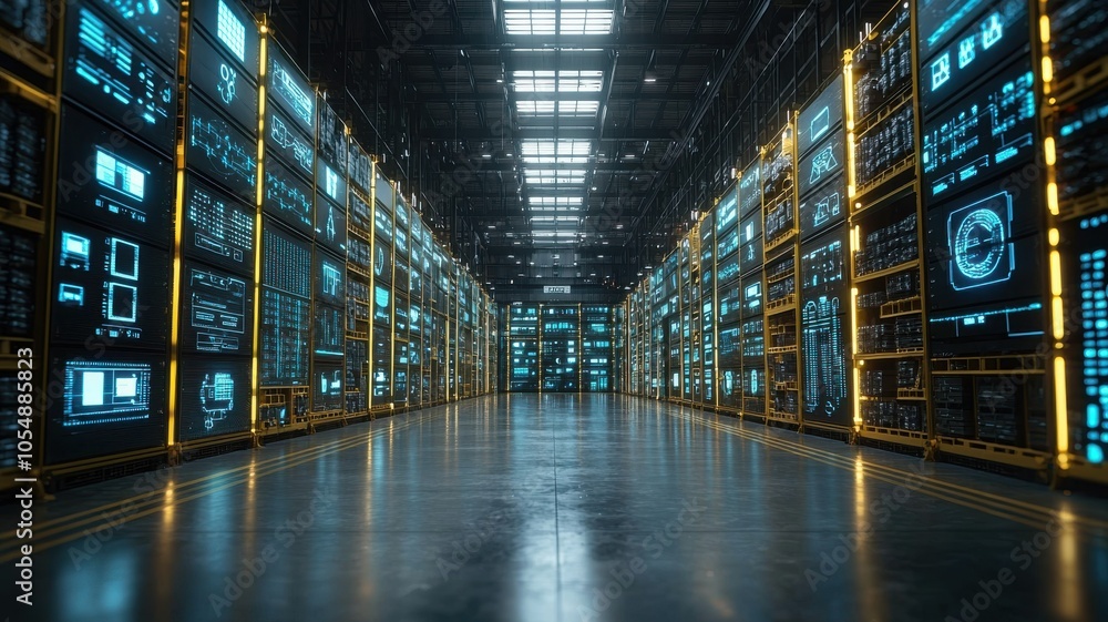 Poster a high-tech data center with illuminated server racks and screens, showcasing a modern digital infra