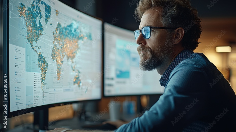 Poster a focused individual analyzes data on multiple screens, showcasing maps and graphs in a modern, diml
