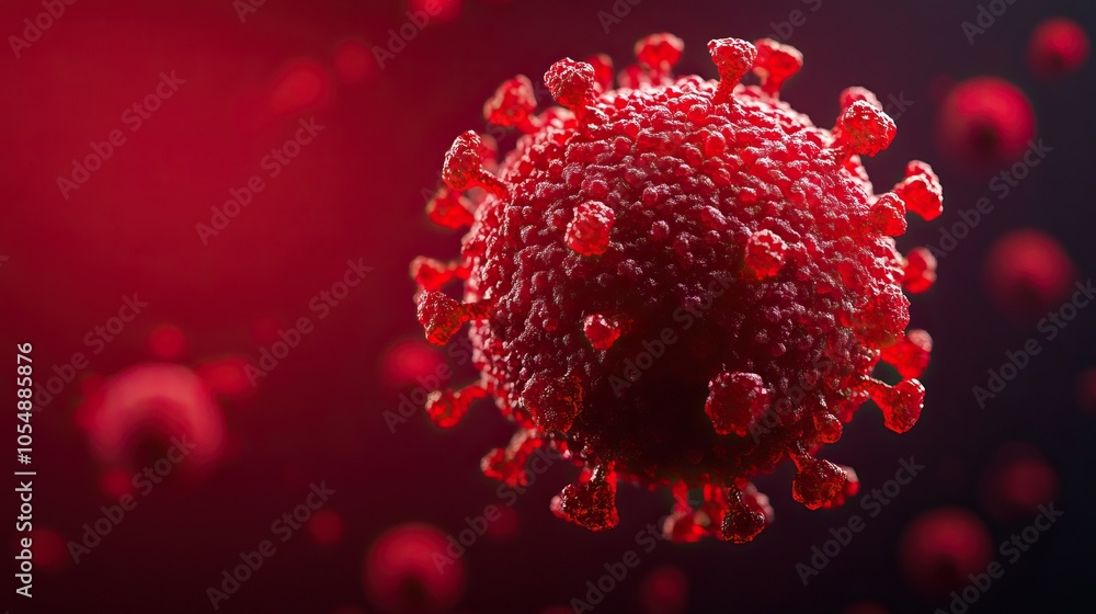 Aufkleber a digitally rendered image of a virus, prominently displayed in red hues, representing microscopic p