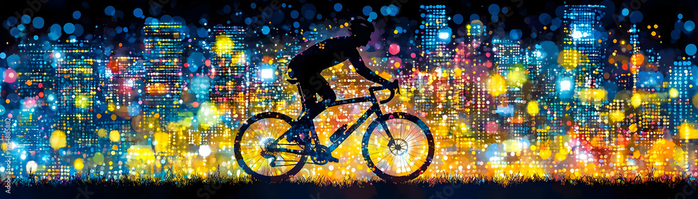Poster abstract cyclist digital wheels motion blur shot spinning digital circuits soft abstract background 