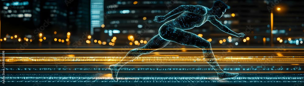 Poster abstract dancer motion blur tech light trails soft bokeh symbolizing innovation exercise tech france