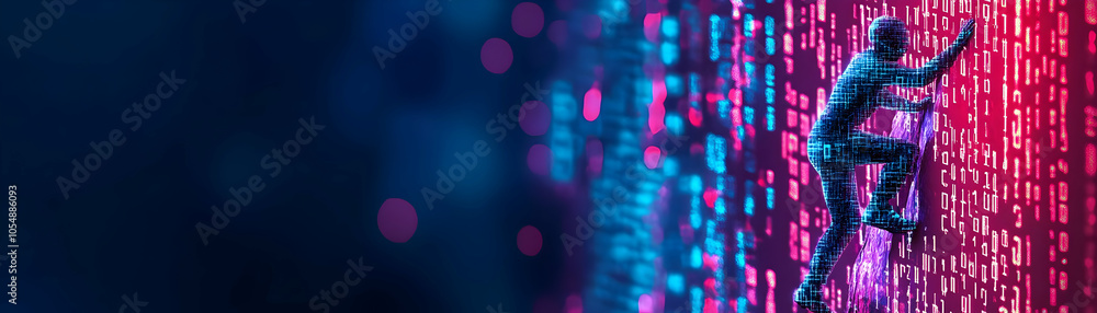Poster abstract figure climbing digital mountain concept tilt up shot of abstract figure ascending mountain