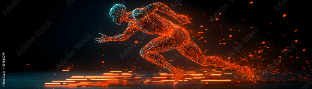 Poster abstract figure running up digital steps concept panning shot of abstract figure ascending digital e