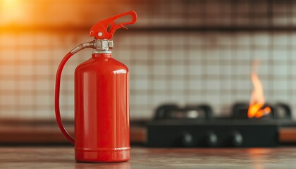 Naklejka premium A red fire extinguisher stands beside a stove with flames, emphasizing fire safety in a kitchen setting.