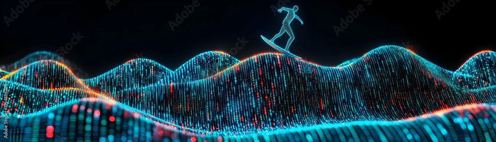 Poster abstract surfer riding digital wave data streams soft bokeh highlights tech exercise milestones spai