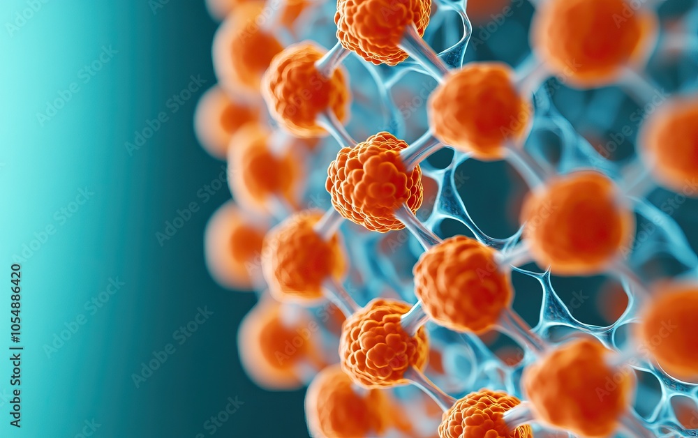 Aufkleber a close-up view of orange spherical structures interconnected by blue fibers, representing cellular 