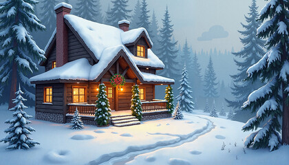 Cozy Winter Cabin with Warm Glow Nestled in Snowy Forest Wonderland