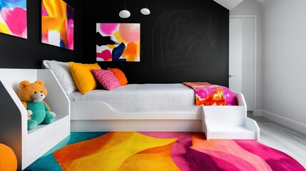 Colorful bedroom with a white bed and a rainbow rug.