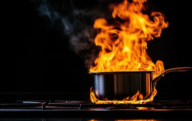 A pot on the stove is engulfed in flames, a kitchen fire situation with vivid orange flames and smoke.