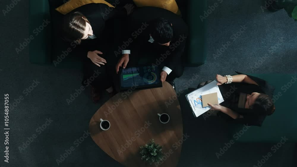 Poster top down aerial view of team analysis financial graph while female leader join meeting and present s