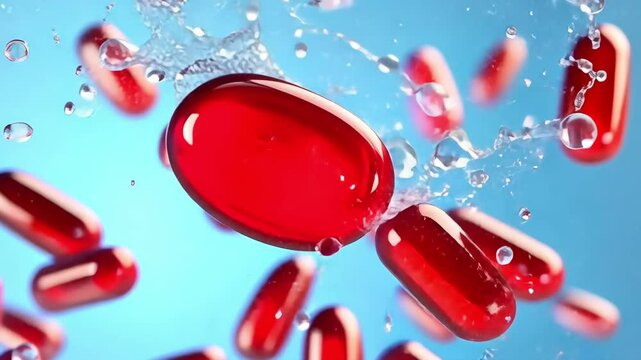 Floating red blood cells in clear liquid on blue background: a microscopic view