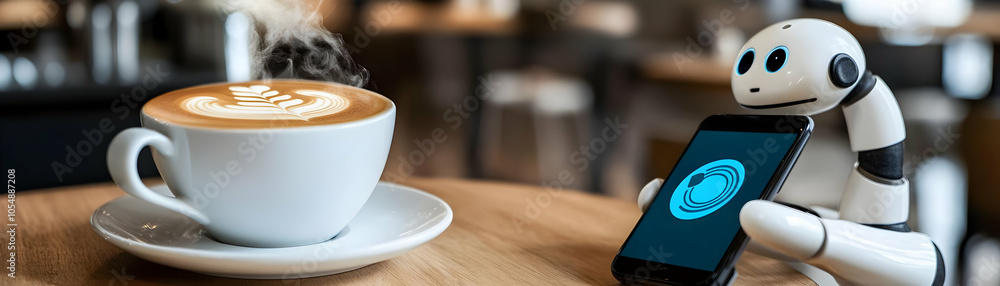 Poster Customer Interacting with Automated Chatbot on Smartphone in Caf? - Candid Shot Showcasing Instant Support and Satisfaction from Technology - Photo Stock Concept for Automated Customer Service Interac