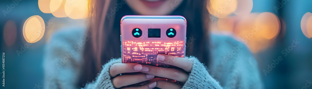 Poster Automated Customer Service Interaction: Customer Engaging with Chatbot on Smartphone at Caf?, Showcasing Instant Tech Support Satisfaction, Modern Technology in Service Industry, Instant Communication