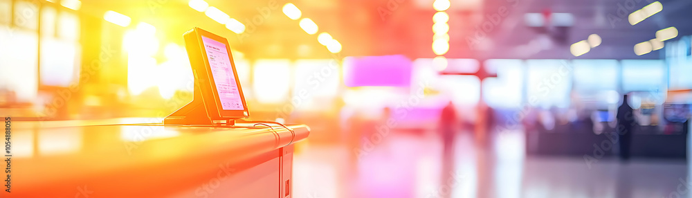 Poster automated retail checkout experience candid customer interaction self-service satisfaction focus on 