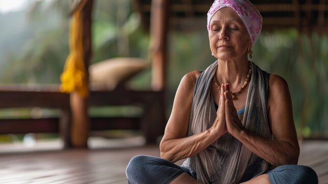 A cancer patient practicing yoga in a serene environment