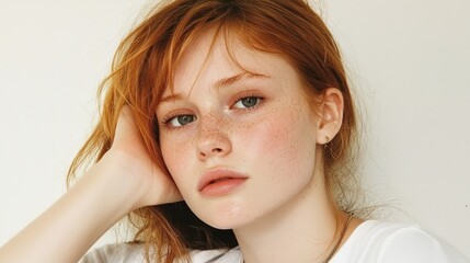 Naklejka premium Captivating portrait of a young woman with freckles and warm red hair against a minimalist background