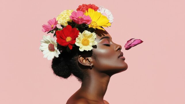 A serene portrait of beauty and nature embracing floral elegance and inner peace in a soft pink backdrop
