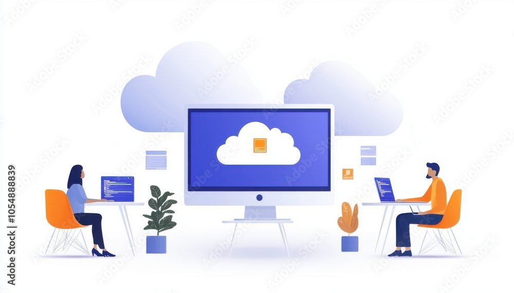 Poster two individuals working on computers in a modern workspace, with cloud storage represented on a larg