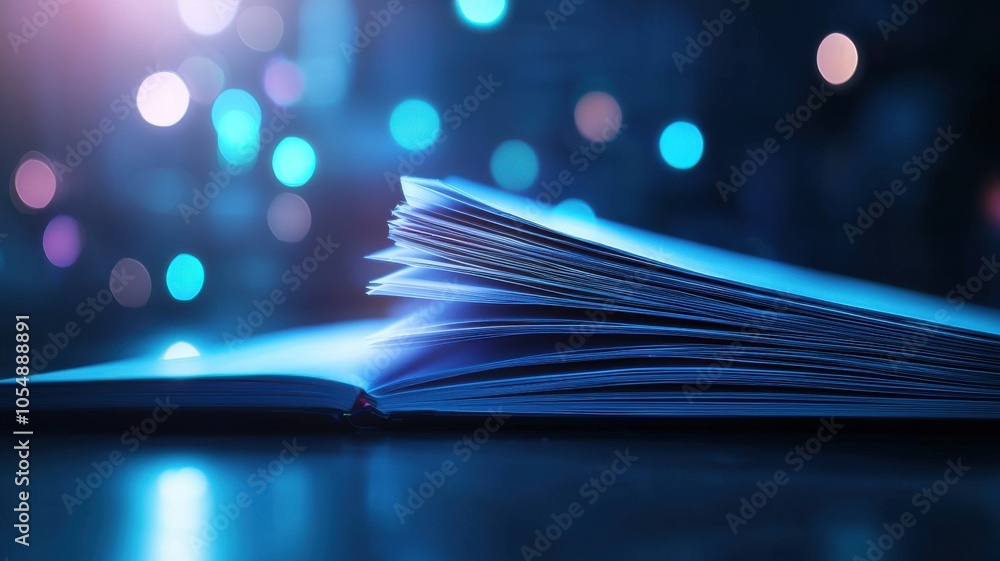Poster a close-up view of an open book with illuminated pages, set against a backdrop of colorful bokeh lig