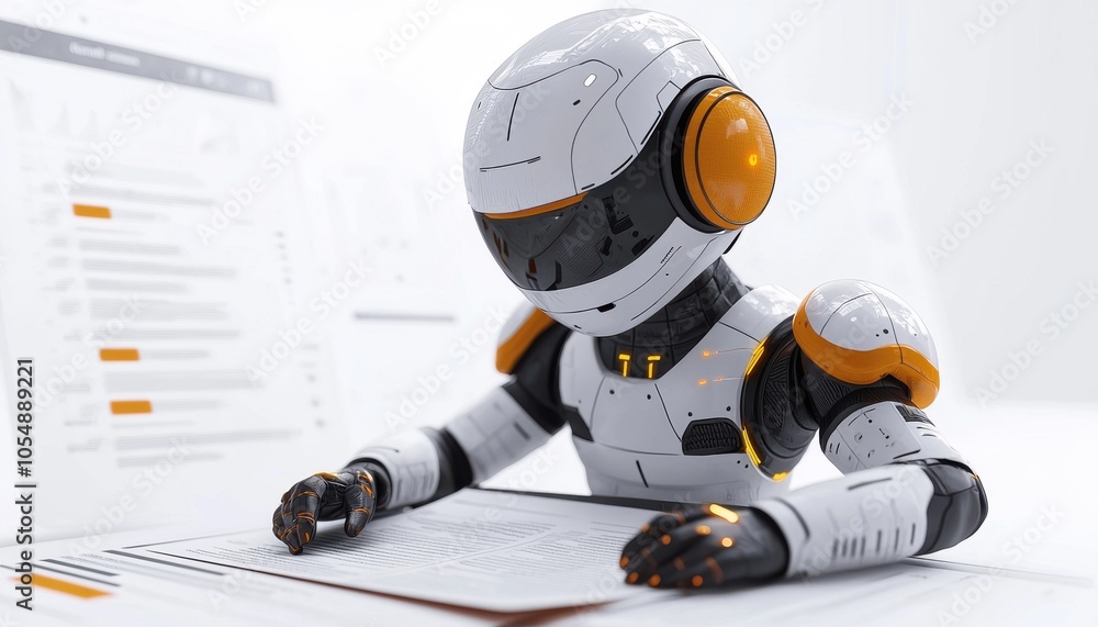 Poster a futuristic robot studies data on a digital tablet, showcasing the intersection of technology and a