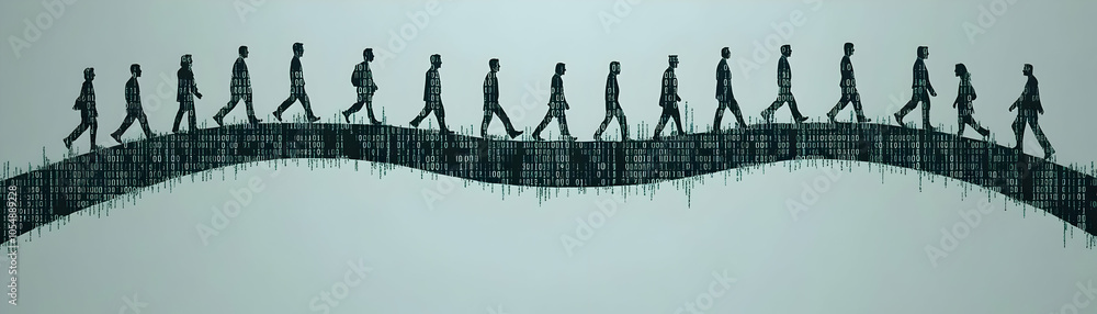 Poster business team crossing digital bridge code circuits abstract bokeh reaching milestones tech collabor