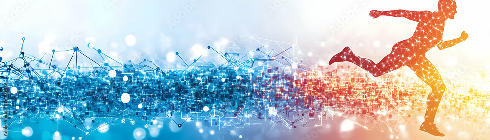Poster businessman leaping over digital gap code circuits abstract shapes bokeh effects overcoming obstacle