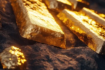 Close up of fine gold ingots and a gold nugget