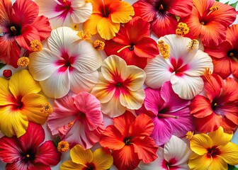 Aerial View of Vibrant Hibiscus Flowers on a White Background - Colorful Floral Patterns for Nature Lovers and Garden Enthusiasts