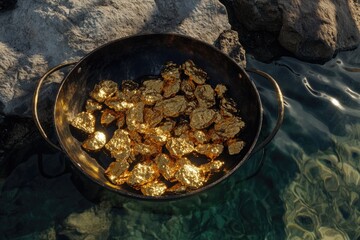found it golden nuggets gold pan in the water