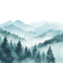 Fototapeta premium Misty mountains with pine trees watercolor illustration, soft greens and blues, ethereal and dreamy atmosphere,Generative AI 
