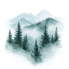 Fototapeta premium Misty mountains with pine trees watercolor illustration, soft greens and blues, ethereal and dreamy atmosphere,Generative AI 