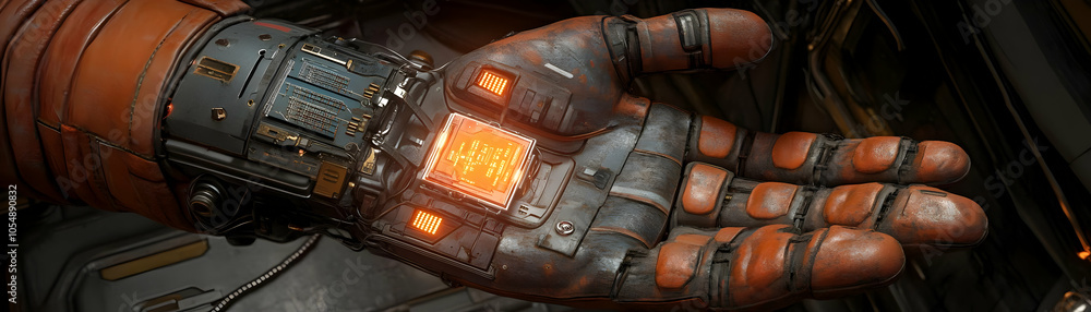 Poster close up ai chip robotic hand macro shot intricate details connectivity technological progress indus