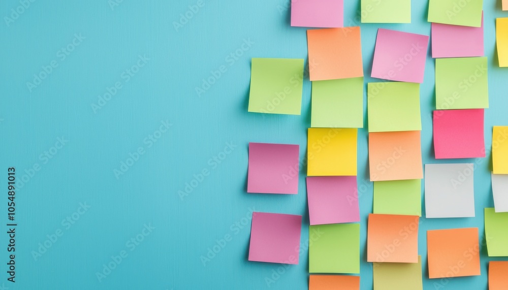 Poster a colorful array of sticky notes arranged on a blue background, showcasing vibrant hues and a creati