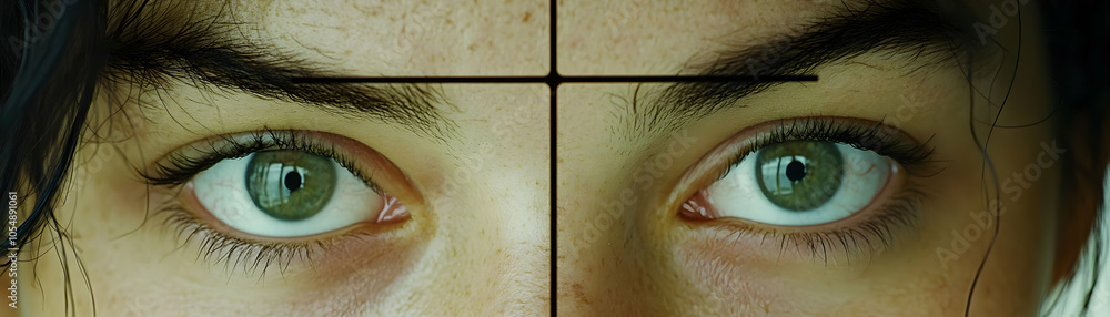 Poster ai facial recognition grid macro view scanning human face, intricate digital grid lines showcasing a