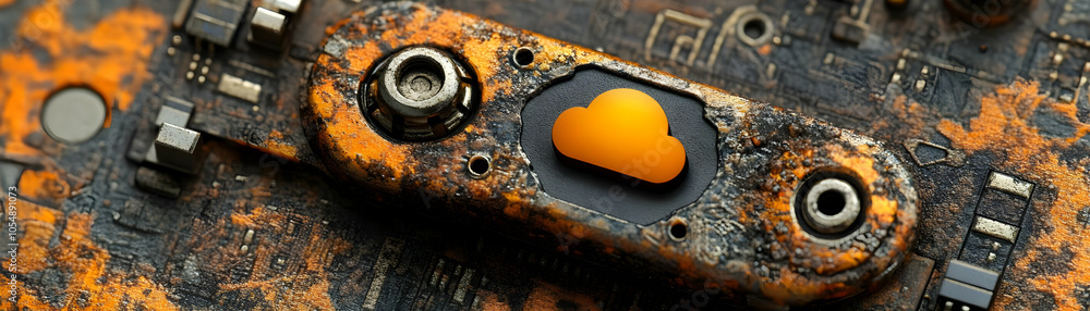 Poster close up cloud icon microchip concept - macro image showcasing integration of cloud technology at ha