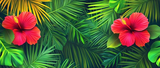 Vibrant hibiscus flowers with green leaves