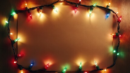 A kraft paper card bordered with a string of colorful Christmas lights, creating a warm glow around the open copy space in the center.