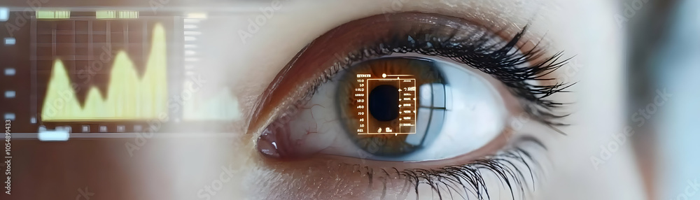 Poster close up eye virtual fitness display macro image iris holographic workout stats tech exercise integr