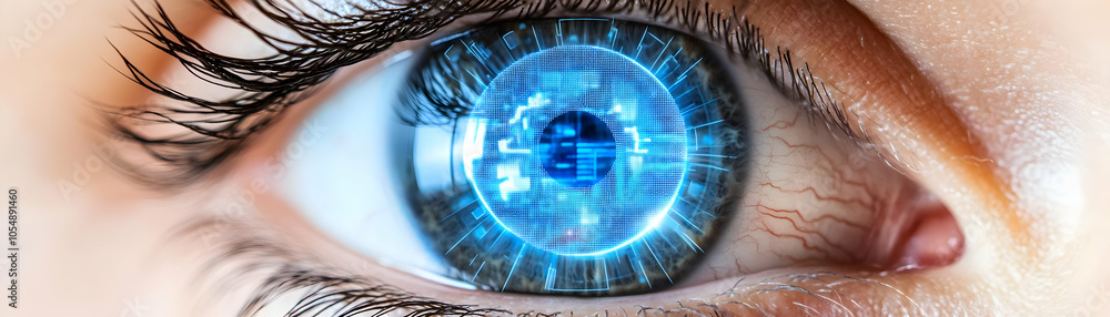 Poster close up eye virtual fitness display macro image iris holographic workout stats tech exercise integr